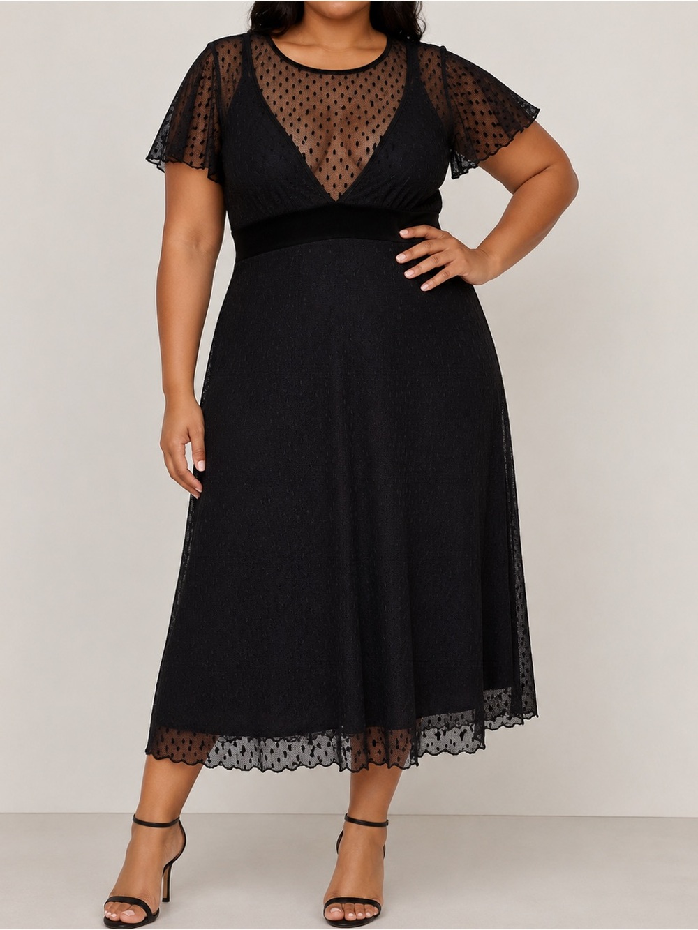 Lane Bryant Black Swiss Dot Mesh Flutter Sleeve Midi Dress 18/20